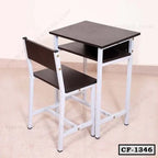 Modern student desk and chair set with metal frame and wooden surfaces, ideal for classrooms or study rooms.