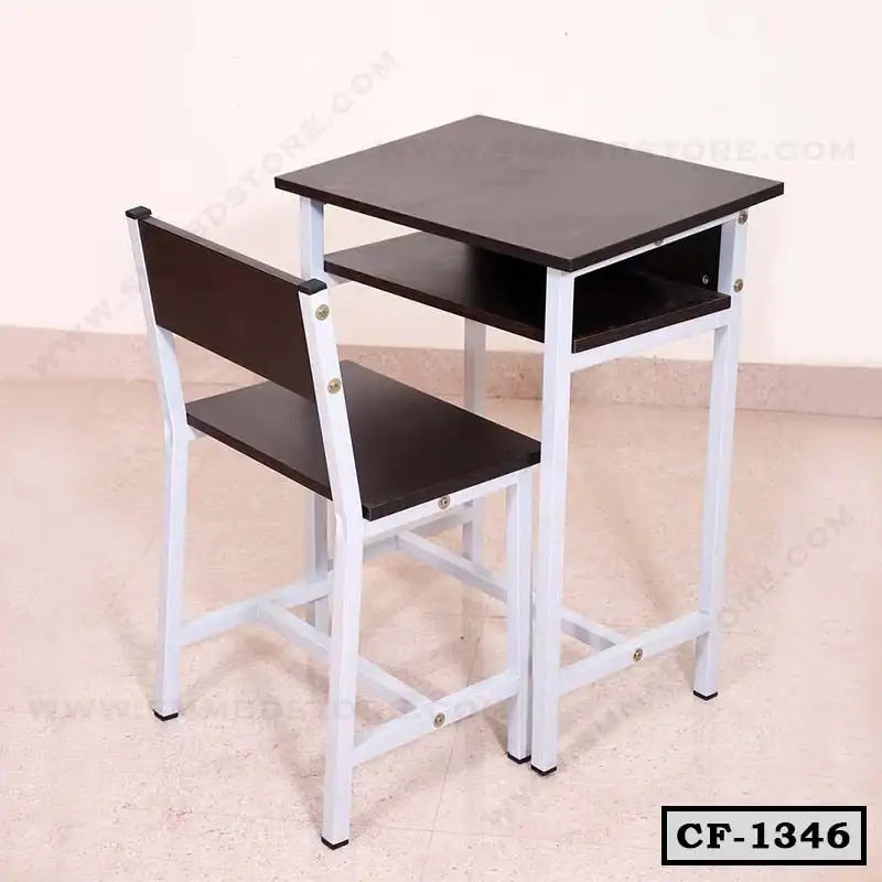 Modern student desk and chair set with metal frame and wooden surfaces, ideal for classrooms or study rooms.