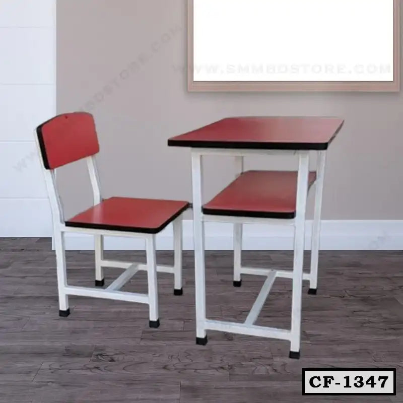 Red and white student desk and chair set on wooden floor, modern study furniture Main image