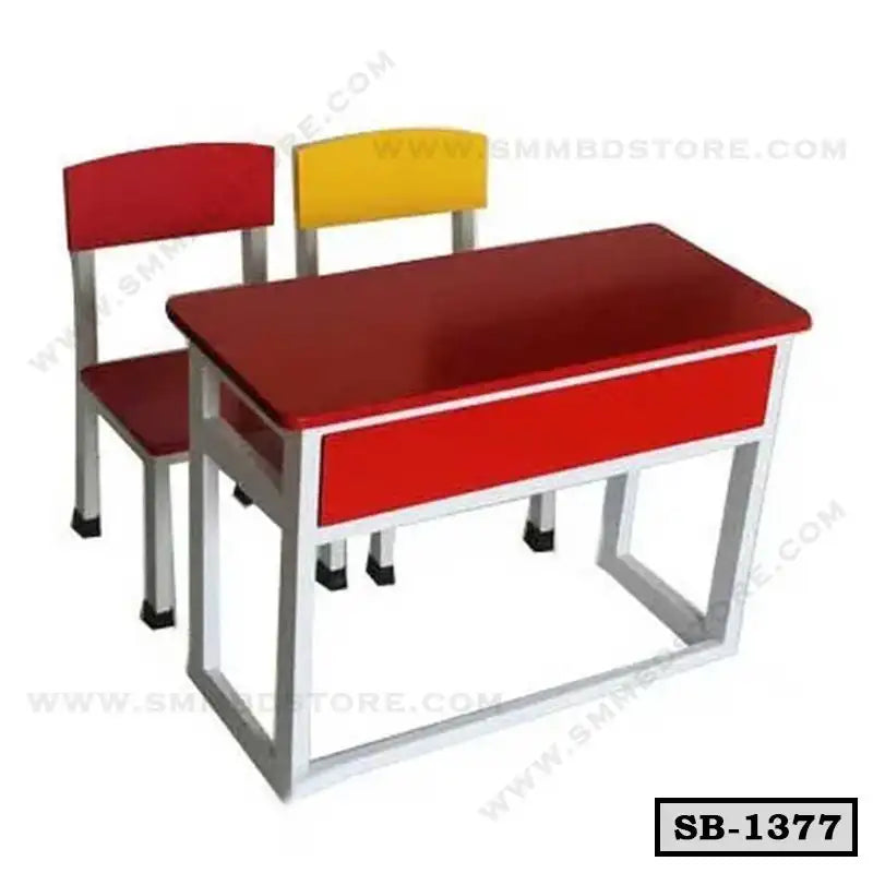 Red and yellow school bench set with metal frame and two chairs for classroom furniture