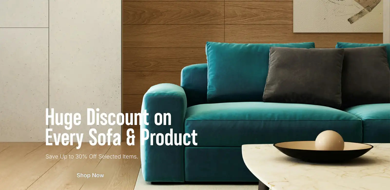 Modern teal sofa with dark cushions in stylish living room, marble coffee table in foreground