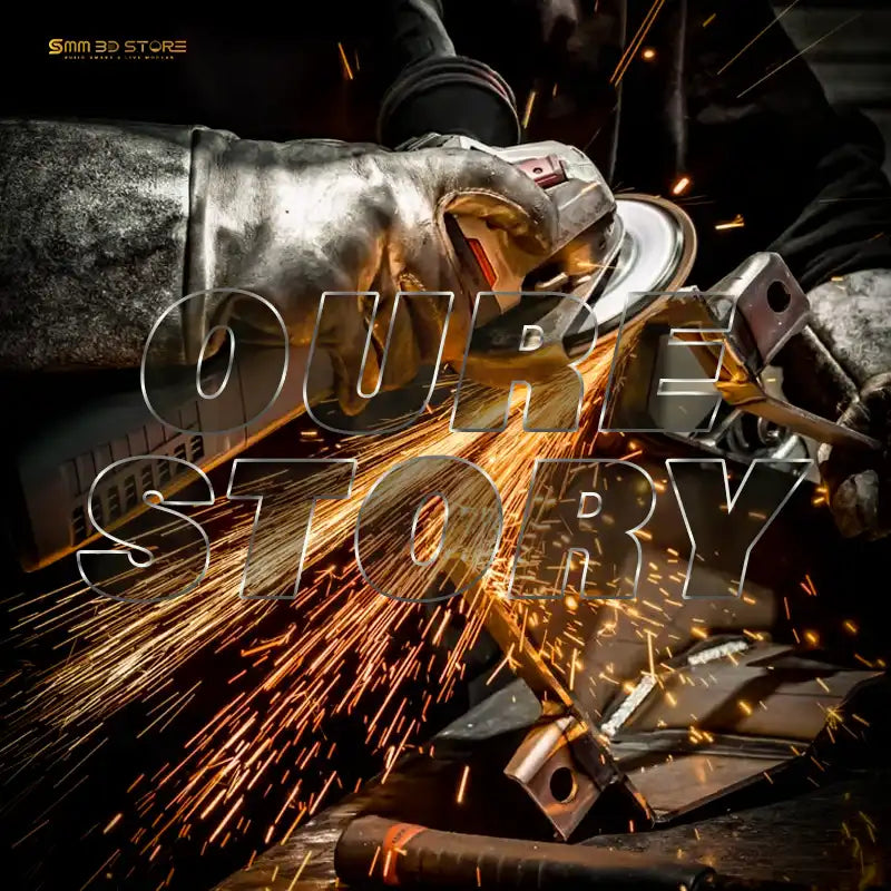 Worker using an angle grinder with safety gloves, sparks flying, industrial workspace background