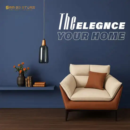 Modern armchair with cushion, blue accent wall, pendant light, and decorative shelf