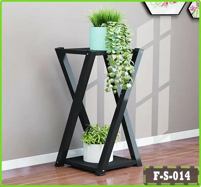 Modern black 2-tier flower pot display stand with plants in a bright living room corner Main image
