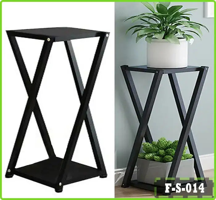 Two-tier black metal flower pot display stand with plants, modern indoor decor
