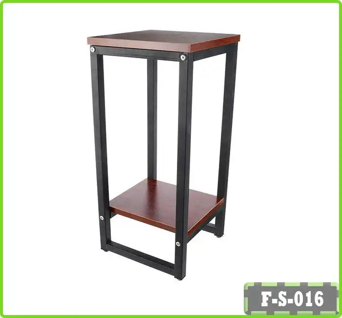 Two-tier metal plant stand with a wooden top and shelf, ideal for indoor corner display. Main image