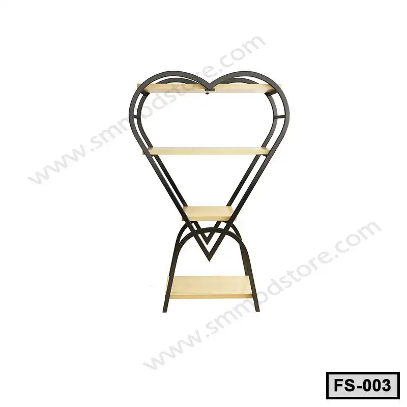 4-tier indoor flower stand with heart-shaped black metal frame and wooden shelves