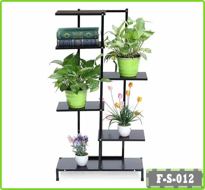 6-tier black metal flower rack with potted plants and books for indoor or outdoor use