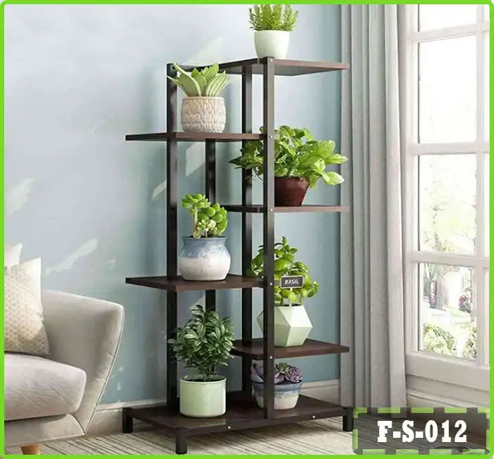 6-tier wooden flower rack with potted plants by window in modern living room