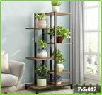6-tier wooden flower rack with potted plants by a window in a modern living room