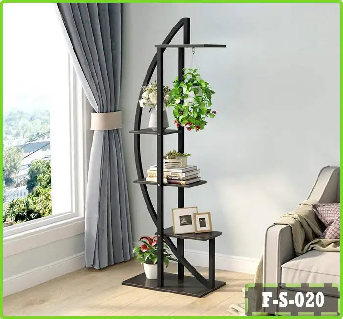 6-tier metal and wood plant stand with decorative plants and frames in a modern living room Main image