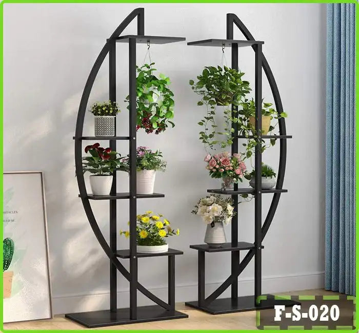 6-tier black metal plant stand with curved frame, displaying potted flowers indoors
