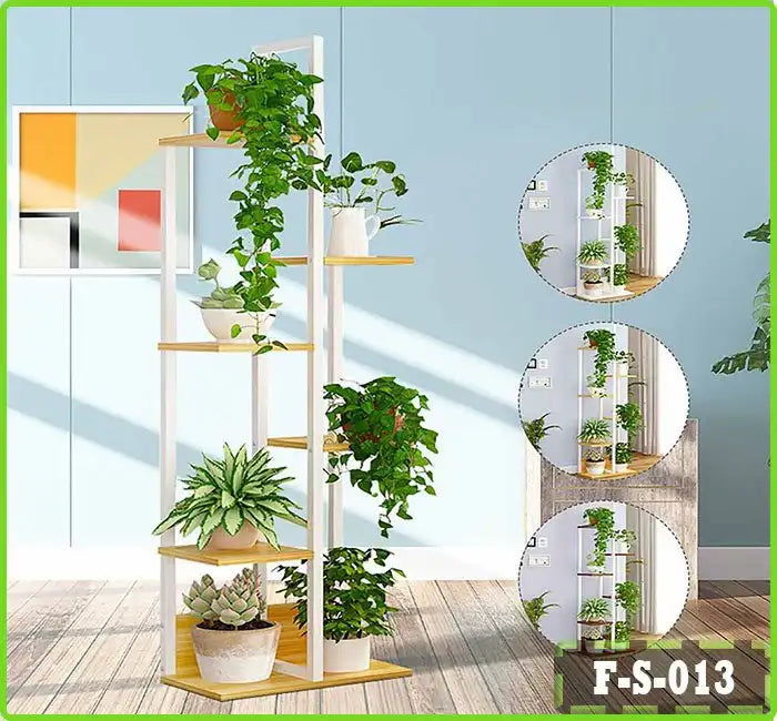 6-tier indoor outdoor flower rack with potted plants on wooden shelves, modern decor
