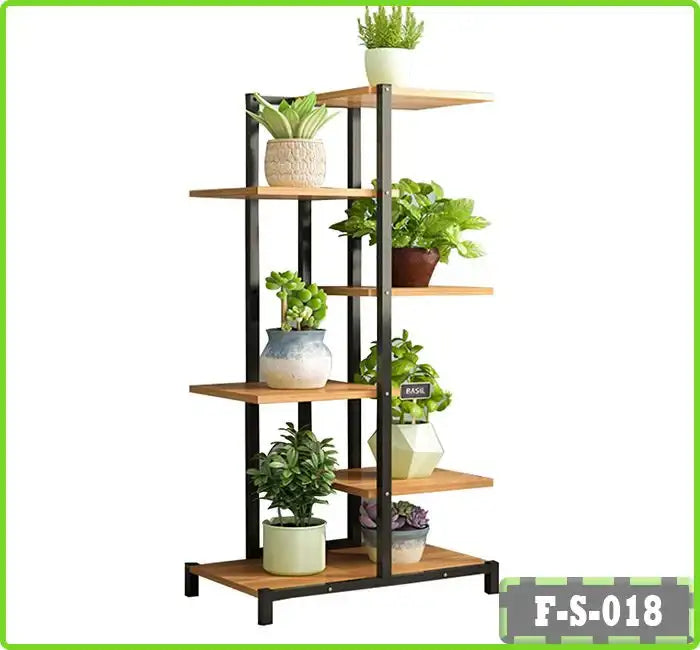 6-tier metal and wood plant stand with potted plants for indoor or outdoor garden display
