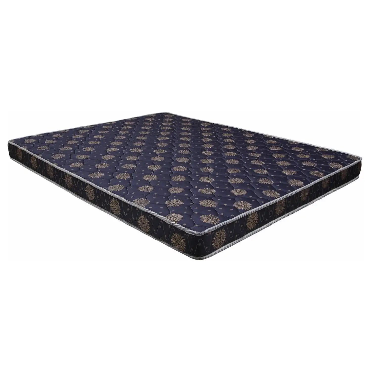 Navy blue patterned mattress with gold floral designs, single size, on white background