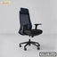 Modern black ergonomic office chair with mesh backrest and adjustable armrests on wheels.