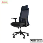 Black ergonomic office chair with adjustable armrests and mesh back on casters