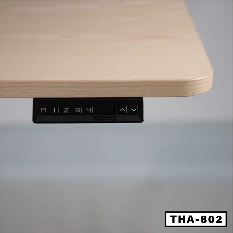 Adjustable laptop table with electronic control panel and light wood finish, model THA-802.