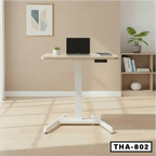 Adjustable laptop table with white frame in modern home office setting, model THA-802.
