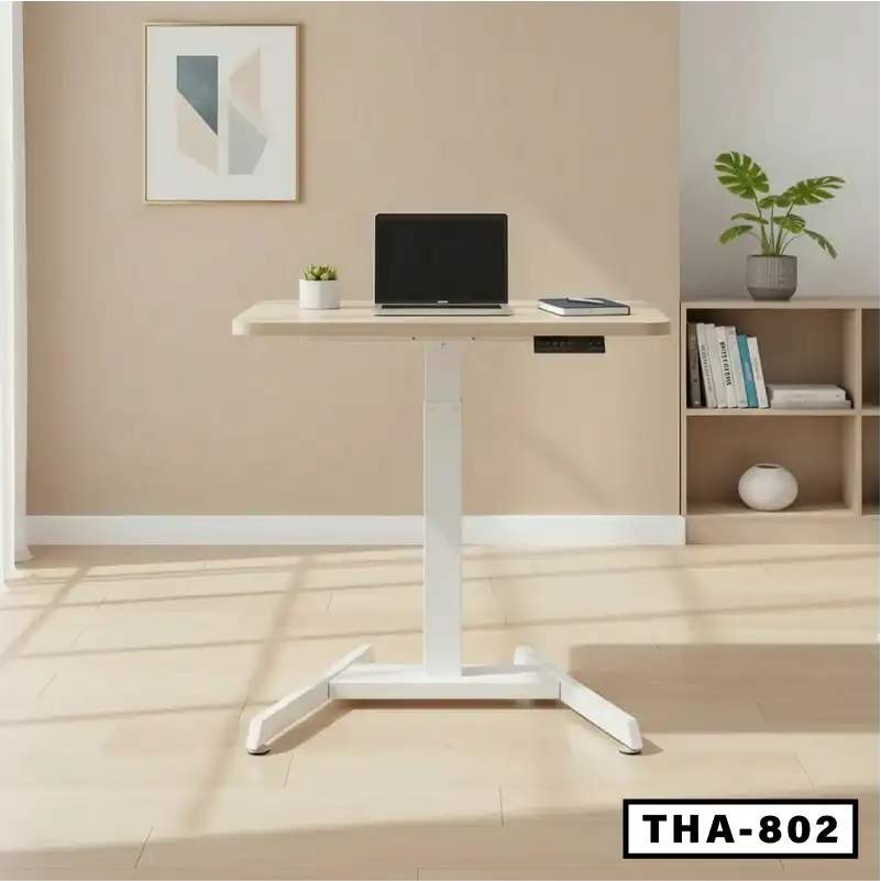 Adjustable laptop table with white frame in modern home office setting, model THA-802.