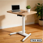 Adjustable laptop table with wooden top, white metal legs, and office setup in modern room