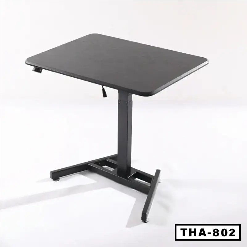 Adjustable black laptop table with height control and sturdy metal frame, model THA-802.