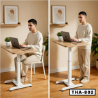 Adjustable laptop table THA-802 shown in sitting and standing positions, home office setting.
