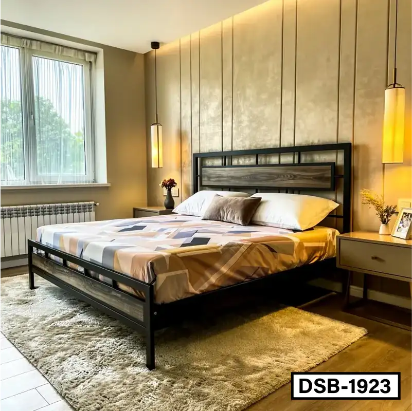 Modern double bed with metal frame and wooden headboard in a stylish bedroom setting