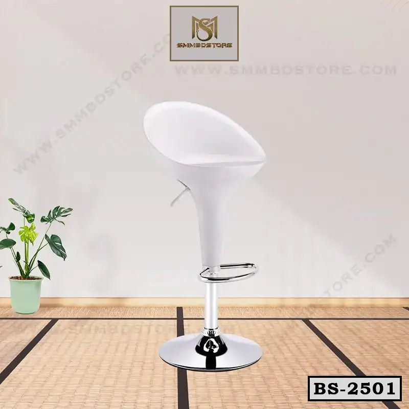 Modern white bar stool with chrome base on a woven floor, indoor setting, BS-2501 model.