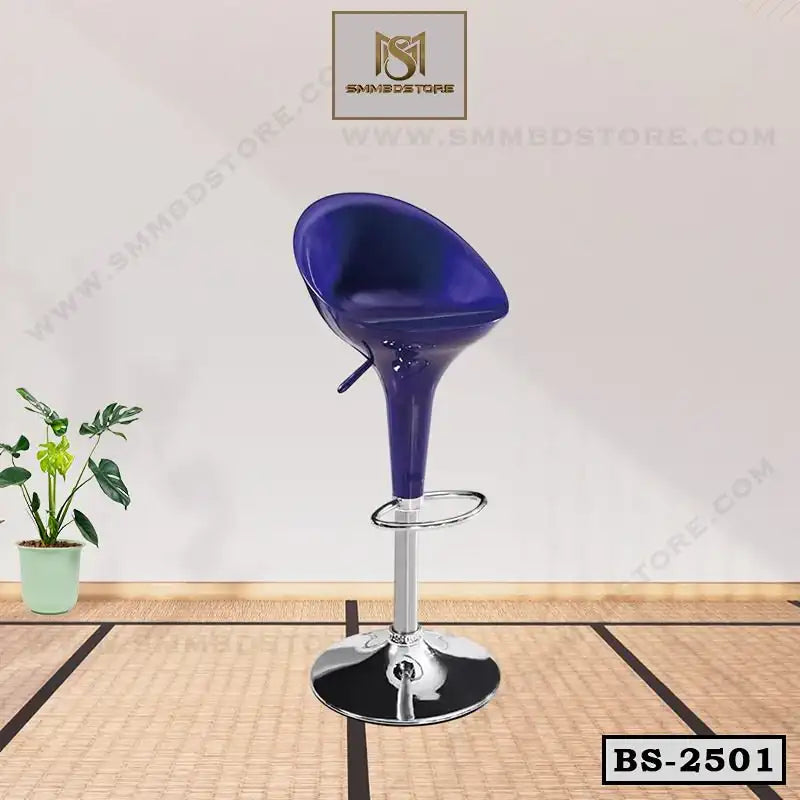 Modern blue bar stool with chrome base and footrest on wooden floor, perfect for home or office