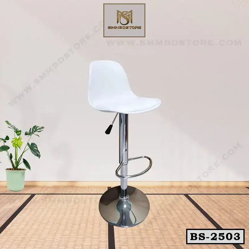 Modern white adjustable bar stool with chrome base and footrest on a minimal indoor floor.