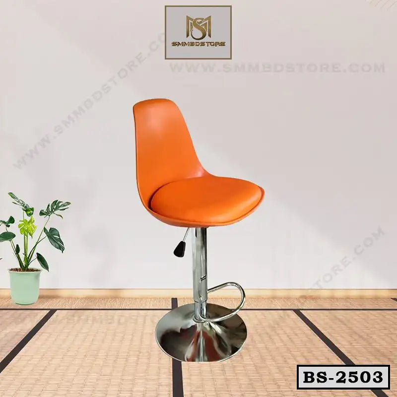 Modern orange bar stool with chrome base in a minimal indoor setting, adjustable height chair