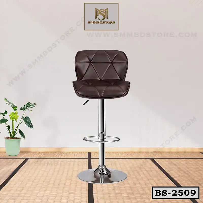 Modern brown leather bar stool with chrome base and footrest, indoor setting, model BS-2509. Main image