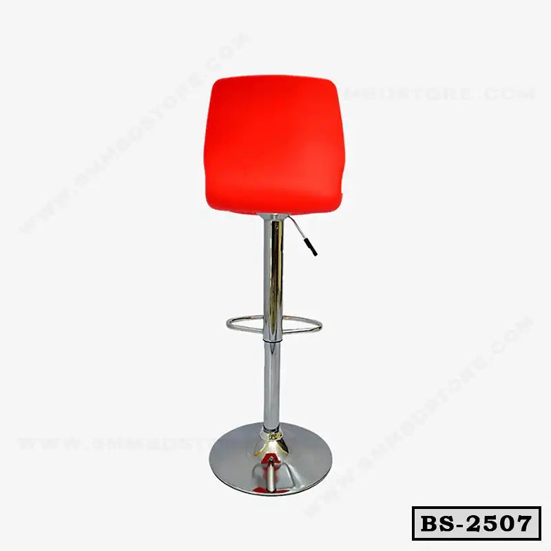 Modern red bar stool with chrome base and footrest, adjustable height, isolated on white background.