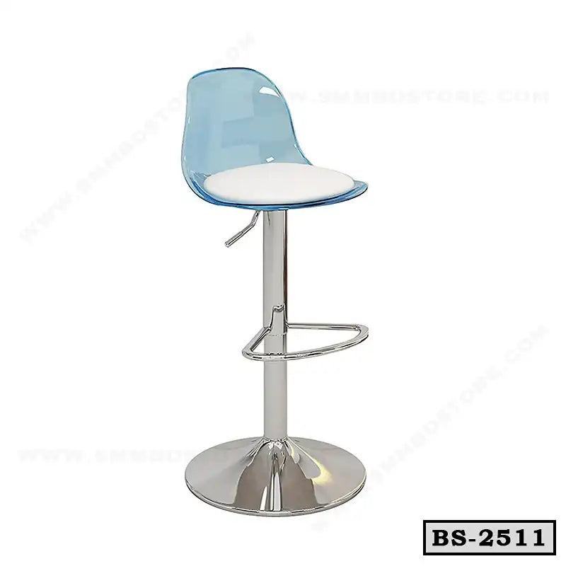 Modern blue acrylic bar stool with white seat cushion and chrome base, adjustable height