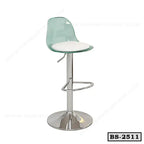 Modern adjustable bar stool with chrome base, clear green backrest, and white cushioned seat