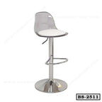 Modern adjustable bar stool with chrome base, white seat cushion, and transparent backrest