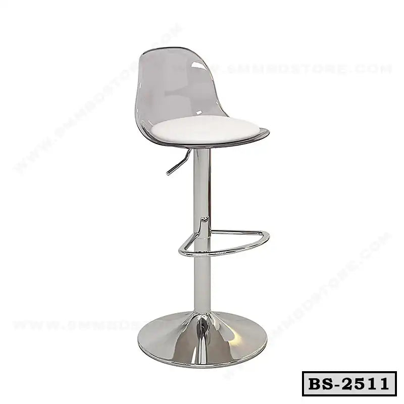 Modern adjustable bar stool with chrome base, white seat cushion, and transparent backrest