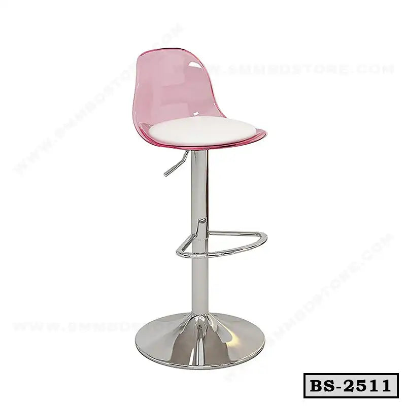 Modern pink acrylic bar stool with chrome base and white cushioned seat