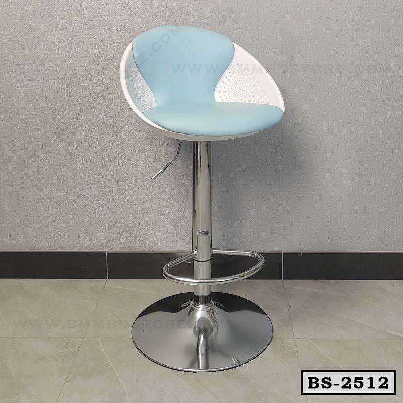 Modern adjustable bar stool with blue and white cushioned seat and chrome base