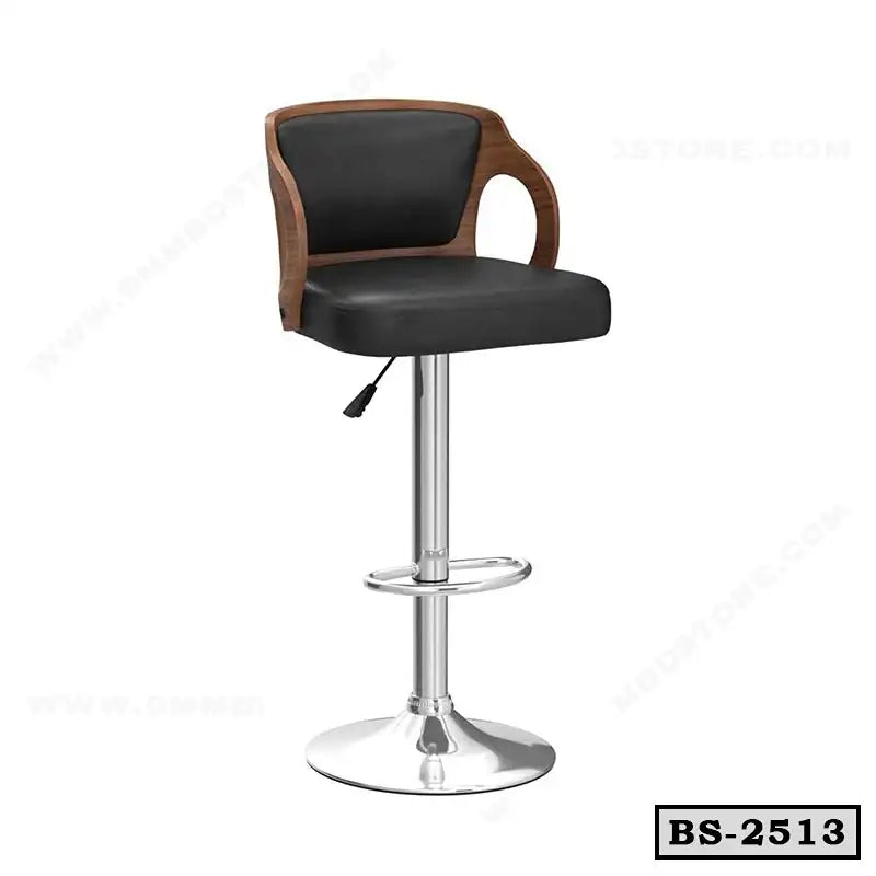 Modern adjustable bar stool with black cushioned seat, wooden backrest, and chrome base