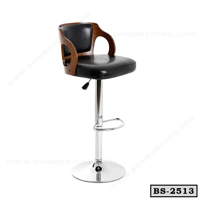 Modern adjustable bar stool with black cushioned seat, wooden armrests, and chrome base