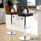 Modern adjustable bar stools with wooden backrest and black cushioned seats in kitchen setting