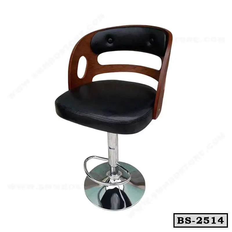 Modern bar stool with black leather seat, wooden backrest, and chrome base, model BS-2514