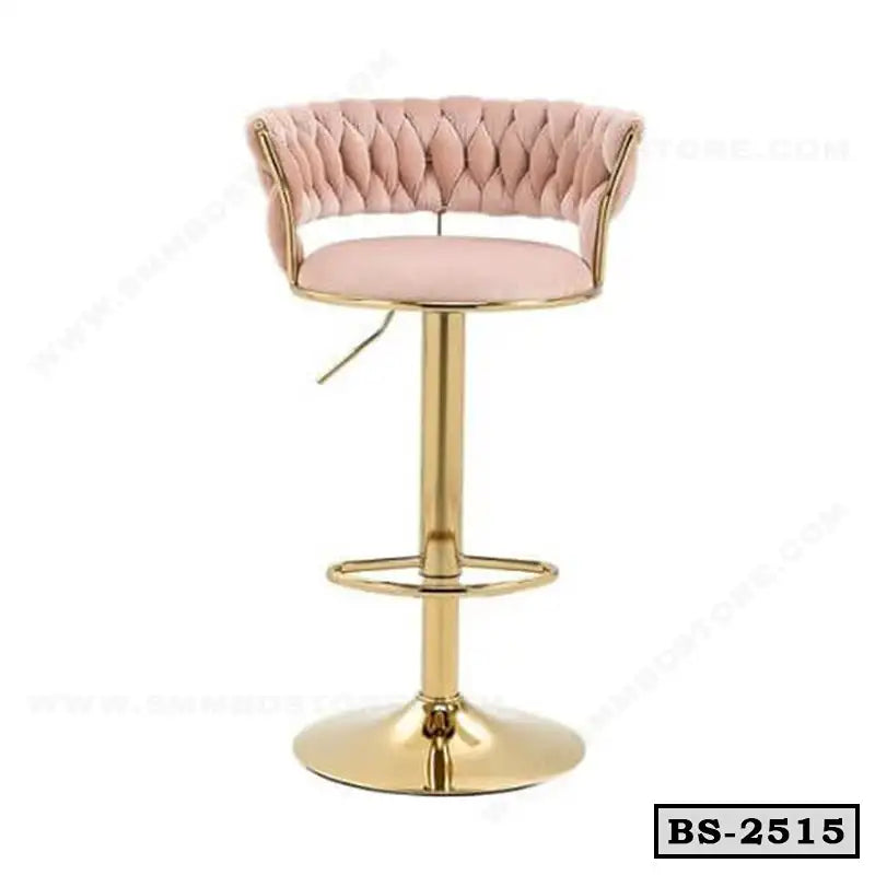 Modern pink velvet bar stool with gold metal base and tufted backrest