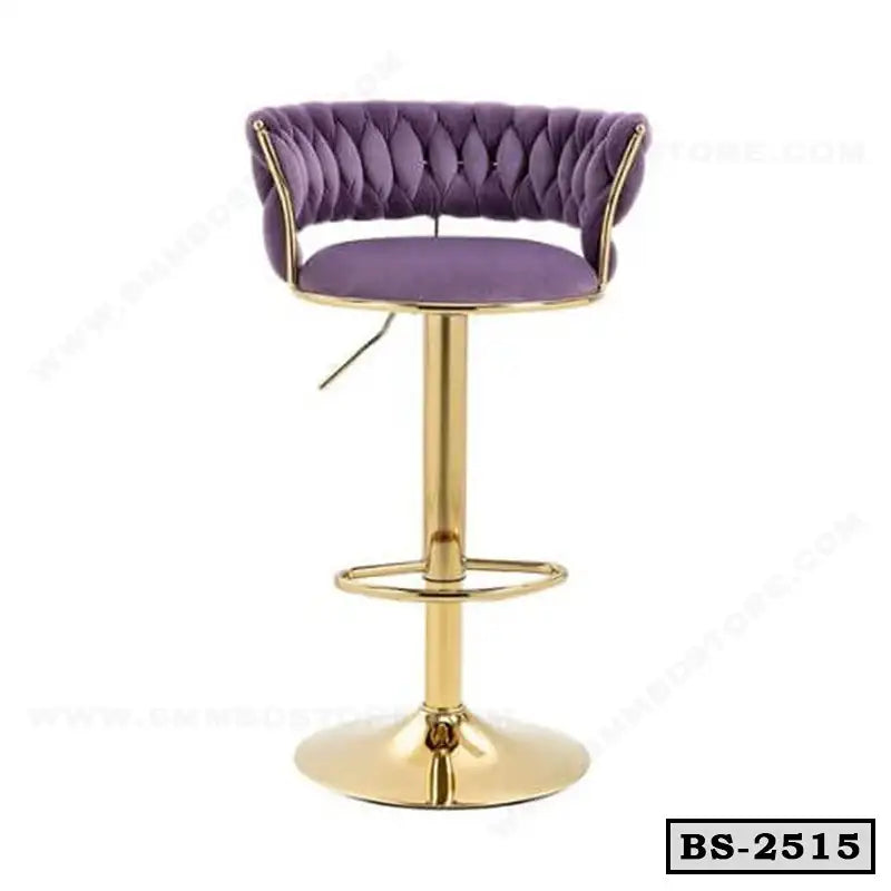 Modern purple velvet bar stool with tufted backrest and gold metal base for home or office