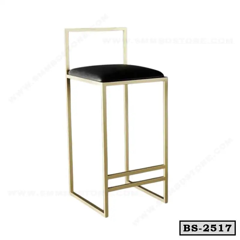 Modern bar stool with gold metal frame and black cushioned seat, minimal backrest, model BS-2517