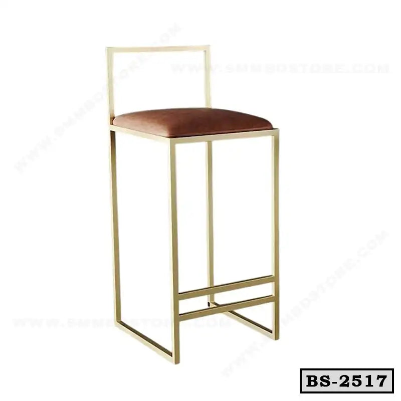 Modern bar stool with gold metal frame and brown cushioned seat for home or office