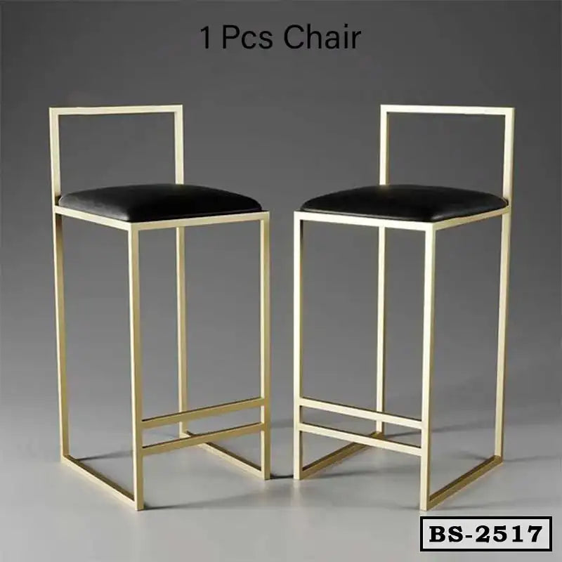 Modern bar stools with gold metal frames and black cushioned seats, model BS-2517.