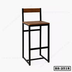 Modern bar stool with wooden seat and backrest, black metal frame, minimalist design